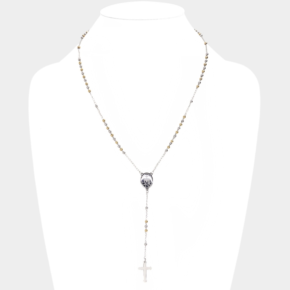 Stainless Steel Rosary Beads Gold Pendant Cross Necklace Chain Y Two Tone
